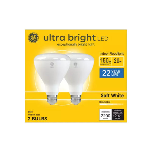 GE Ultra Bright LED 150 Watt Replacement, Soft White, BR30 Indoor Floodlight Bulbs (2 Pack)